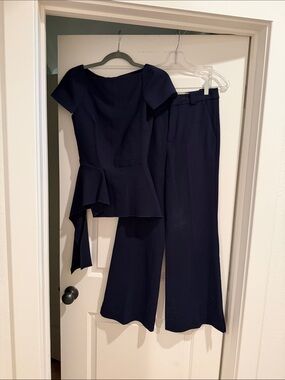 Roland Mouret Women's Navy Peplum Top & Crop Flared Pants Set, FR34 (US2)